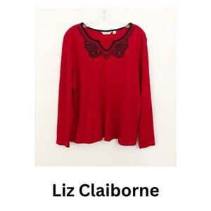 Liz Claiborne Red Black Embroidered Tunic Top Size 20 / 2X